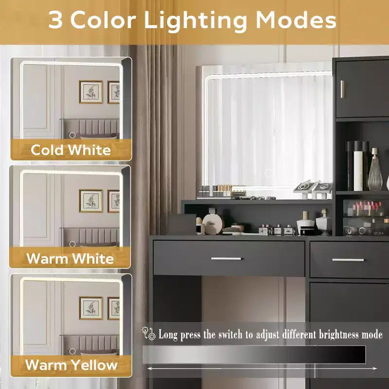Tocador de 35,4 pulgadas con espejo y tira de luz LED, mesa de maquillaje con cajones, cómoda con 3 niveles de almacenamiento y 3 modos de iluminación