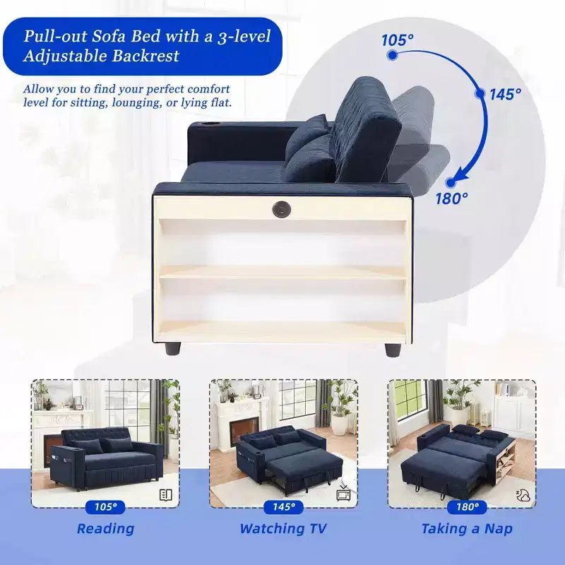 Sofá Cama Extraíble de 61.4 Pulgadas, Sofá de Dos Plazas Convertible, Sofá Cama Moderno con Respaldo Ajustable para Sala de Estar, Azul
