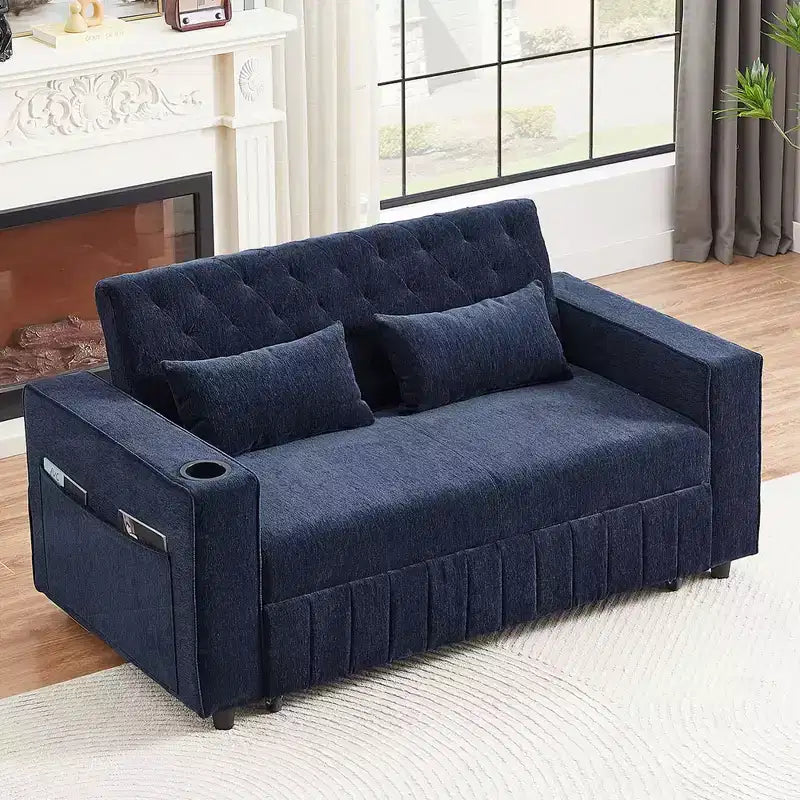 Sofá Cama Extraíble de 61.4 Pulgadas, Sofá de Dos Plazas Convertible, Sofá Cama Moderno con Respaldo Ajustable para Sala de Estar, Azul