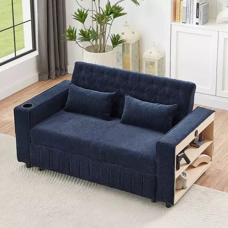 Sofá Cama Extraíble de 61.4 Pulgadas, Sofá de Dos Plazas Convertible, Sofá Cama Moderno con Respaldo Ajustable para Sala de Estar, Azul