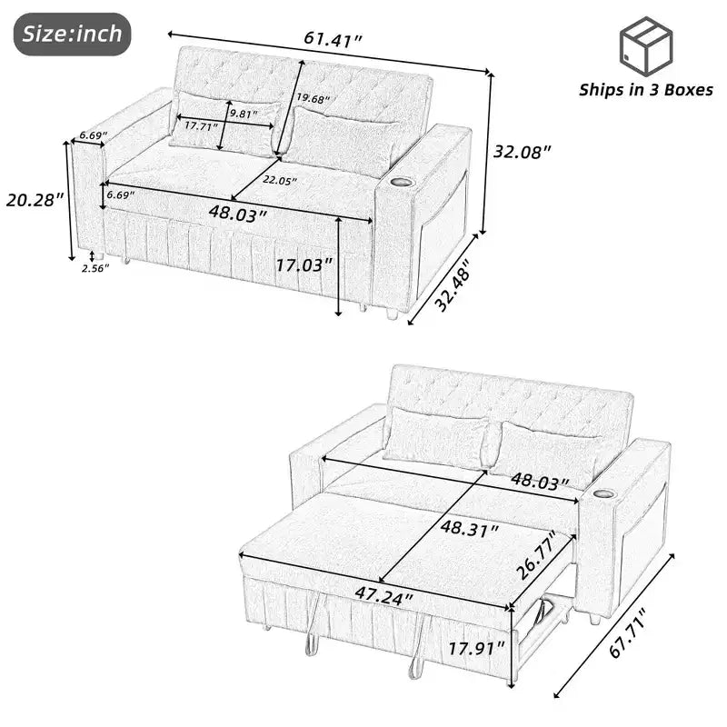 Sofá Cama Extraíble de 61.4 Pulgadas, Sofá de Dos Plazas Convertible, Sofá Cama Moderno con Respaldo Ajustable para Sala de Estar, Azul
