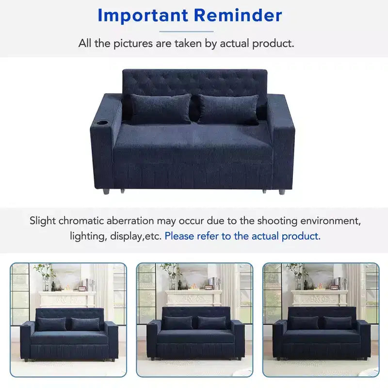 Sofá Cama Extraíble de 61.4 Pulgadas, Sofá de Dos Plazas Convertible, Sofá Cama Moderno con Respaldo Ajustable para Sala de Estar, Azul