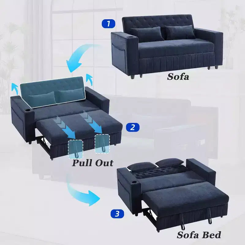 Sofá Cama Extraíble de 61.4 Pulgadas, Sofá de Dos Plazas Convertible, Sofá Cama Moderno con Respaldo Ajustable para Sala de Estar, Azul