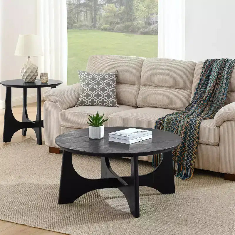 Mesa de centro redonda moderna de madera con patas cruzadas