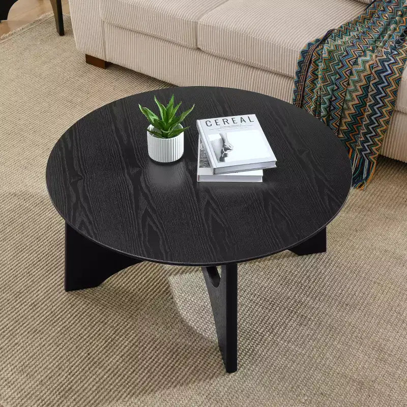 Mesa de centro redonda moderna de madera con patas cruzadas