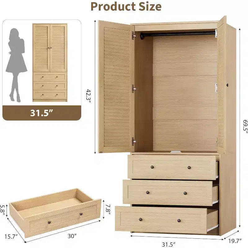 Armario con puerta de persiana, ropero de 3 cajones de PB+MDF+laminado, acabado teca, para dormitorio o vestidor
