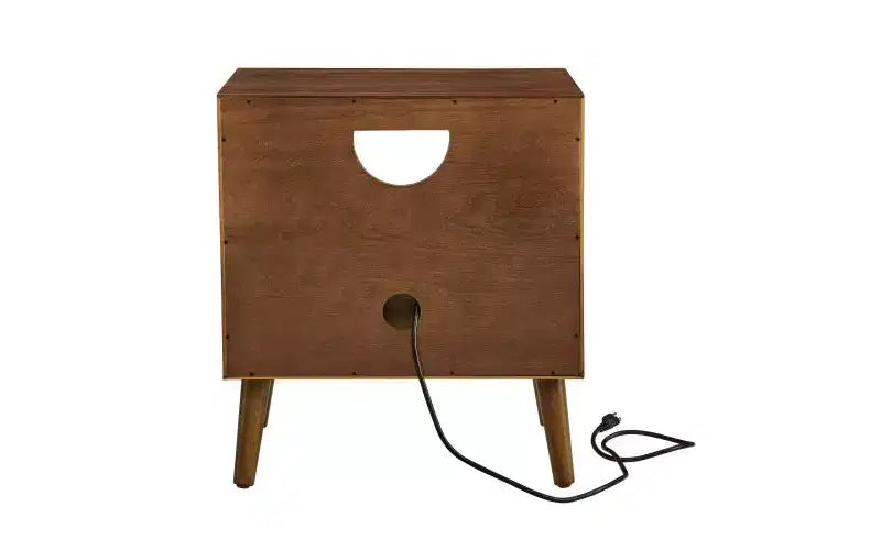 Mesa de Noche Empotrada Moderna de Mediados de Siglo con Almacenamiento Abierto, Cajones, Tomas de Corriente y Patas de Madera Maciza, Acabado Nogal