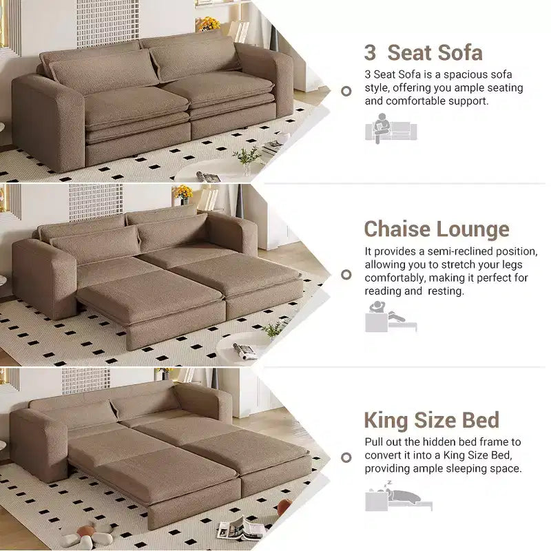 Sofá cama extraíble King de 93, sofá cama convertible 3 en 1 Teddy con 2 almohadas lumbares