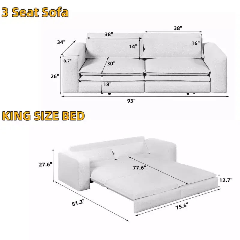 Sofá cama extraíble King de 93, sofá cama convertible 3 en 1 Teddy con 2 almohadas lumbares