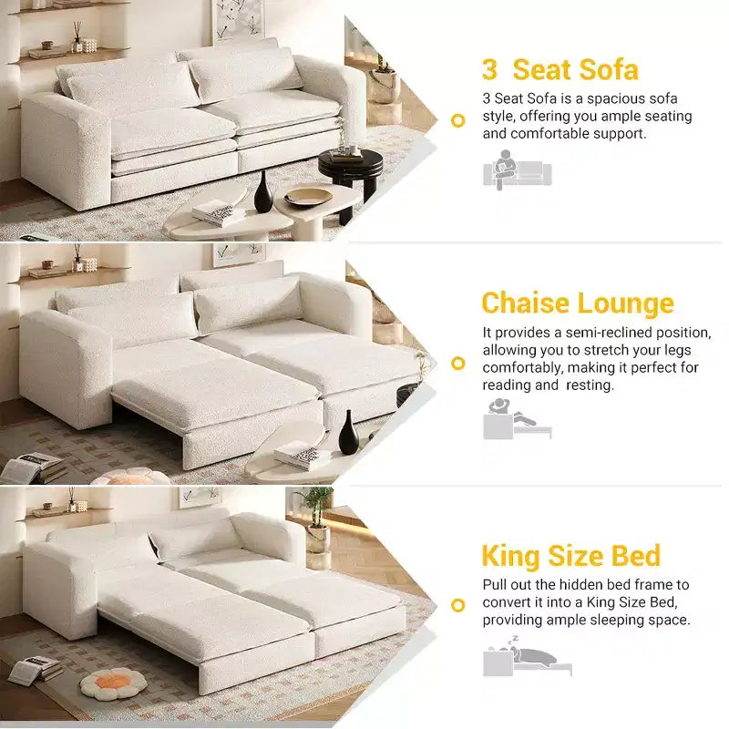 Sofá cama extraíble King de 93, sofá cama convertible 3 en 1 Teddy con 2 almohadas lumbares
