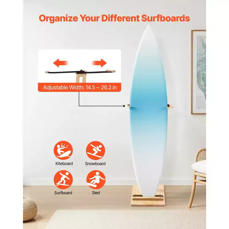 Soporte vertical para tabla de surf, estante de madera para tabla de surf para almacenamiento y exhibición, organizador de soporte de tabla ajustable e independiente, color madera