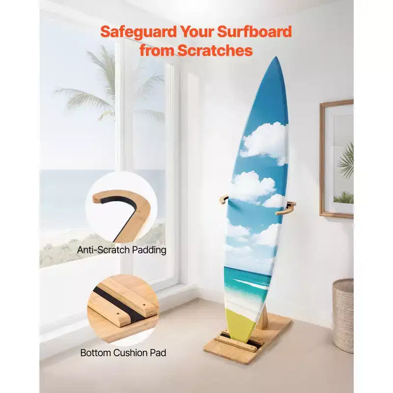 Soporte vertical para tabla de surf, estante de madera para tabla de surf para almacenamiento y exhibición, organizador de soporte de tabla ajustable e independiente, color madera