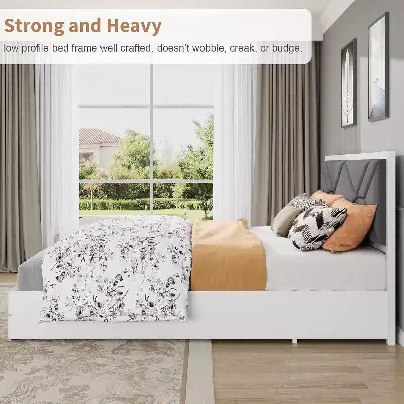 Base de cama tapizada capitoné moderna, cama con plataforma blanca con cabecero para dormitorio o apartamento