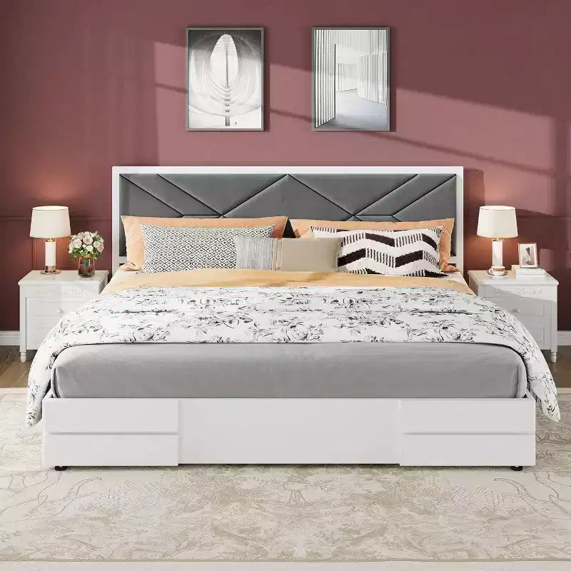 Base de cama tapizada capitoné moderna, cama con plataforma blanca con cabecero para dormitorio o apartamento