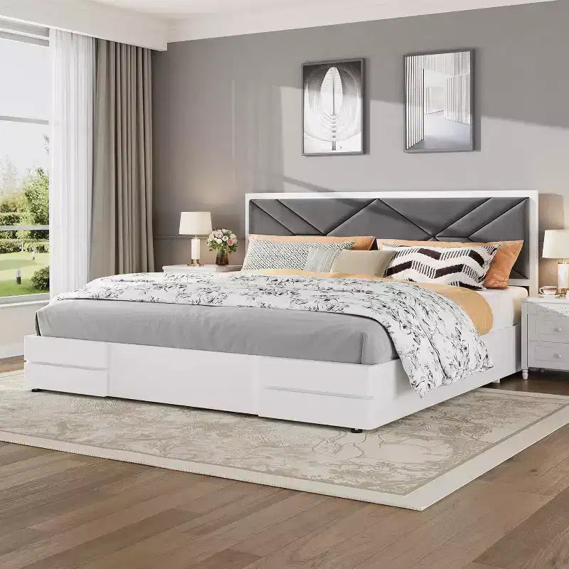 Base de cama tapizada capitoné moderna, cama con plataforma blanca con cabecero para dormitorio o apartamento