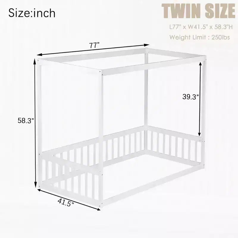 Cama de suelo con dosel de tamaño individual con valla y barandales