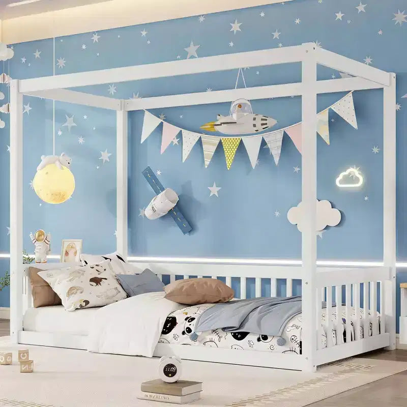 Cama de suelo con dosel de tamaño individual con valla y barandales