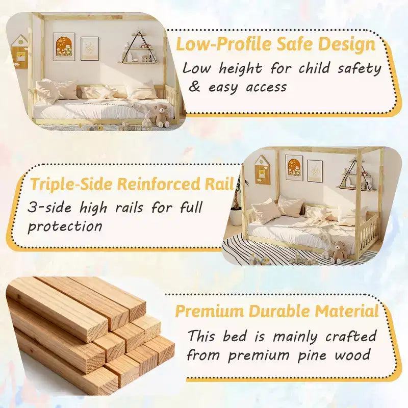 Cama de suelo con dosel de tamaño individual con valla y barandales