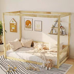 Cama de suelo con dosel de tamaño individual con valla y barandales