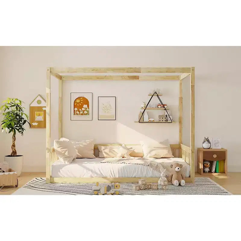 Cama de suelo con dosel de tamaño individual con valla y barandales
