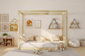 Bellemave Twin Size Canopy Frame Floor Bed with Fence and Guardrails