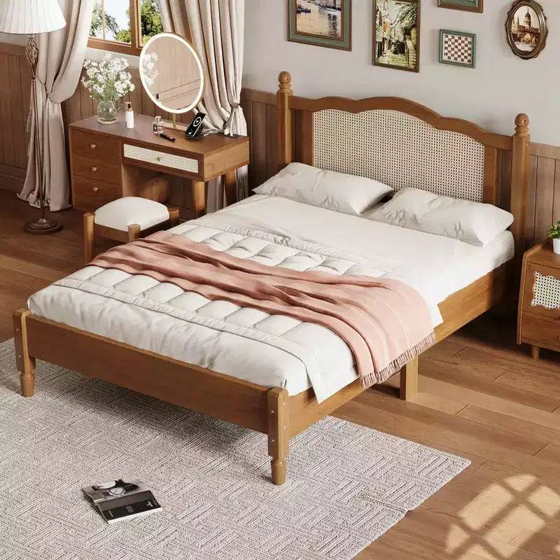 Cama Plataforma de Madera de Tamaño Completo con Cabecero de Ratán Natural, Estructura de Cama Vintage con Somier de Láminas de Madera, Nogal
