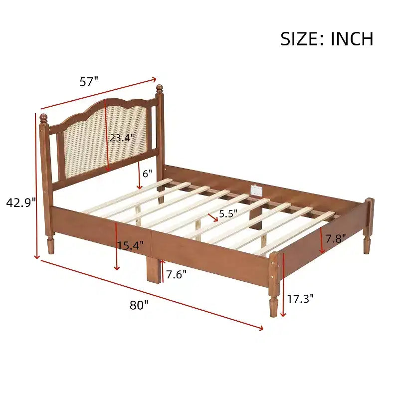Cama Plataforma de Madera de Tamaño Completo con Cabecero de Ratán Natural, Estructura de Cama Vintage con Somier de Láminas de Madera, Nogal