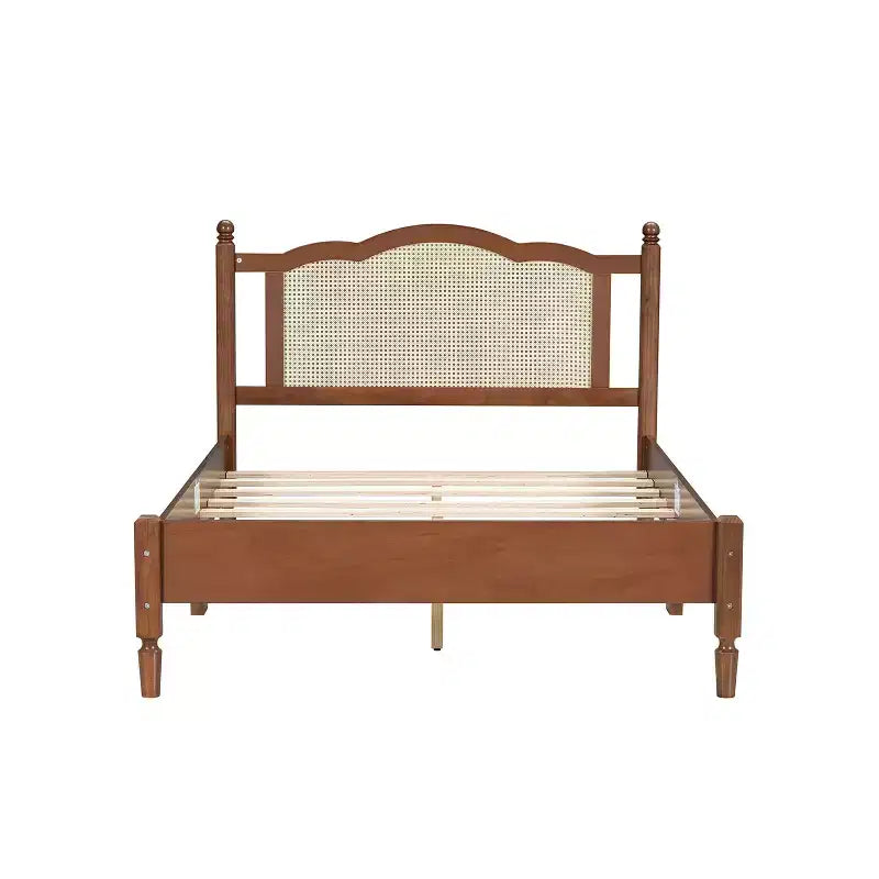 Cama Plataforma de Madera de Tamaño Completo con Cabecero de Ratán Natural, Estructura de Cama Vintage con Somier de Láminas de Madera, Nogal
