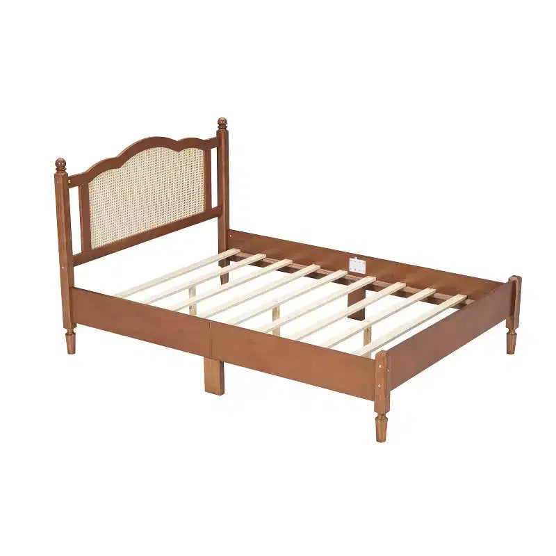 Cama Plataforma de Madera de Tamaño Completo con Cabecero de Ratán Natural, Estructura de Cama Vintage con Somier de Láminas de Madera, Nogal