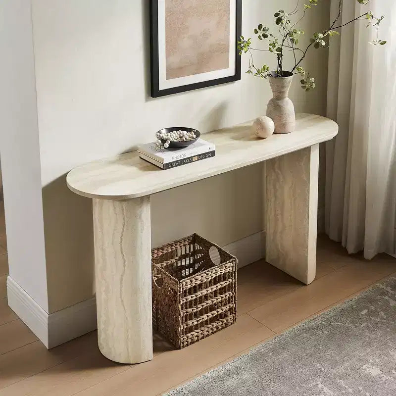 Mesa de Consola Moderna Mesa de Entrada Mesa Auxiliar de Sofá Mesa Decorativa Minimalista con Borde Redondeado y Patrón de Mármol Falso MARS