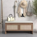 PP Rattan Storage Bench with Cushion: 2-Door Shoe Cabinet, Mid-Century Modern Entryway Seat for Hallway, Bedroom, Mudroom - Natural Finish