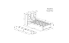 Estructura de cama matrimonial moderna de 87 pulgadas con cabecera de dos niveles estilo librero, puertos USB integrados y dos cajones. Acabado blanqueado