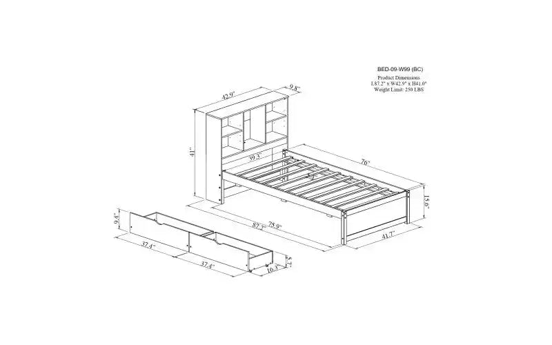 Estructura de cama matrimonial moderna de 87 pulgadas con cabecera de dos niveles estilo librero, puertos USB integrados y dos cajones. Acabado blanqueado