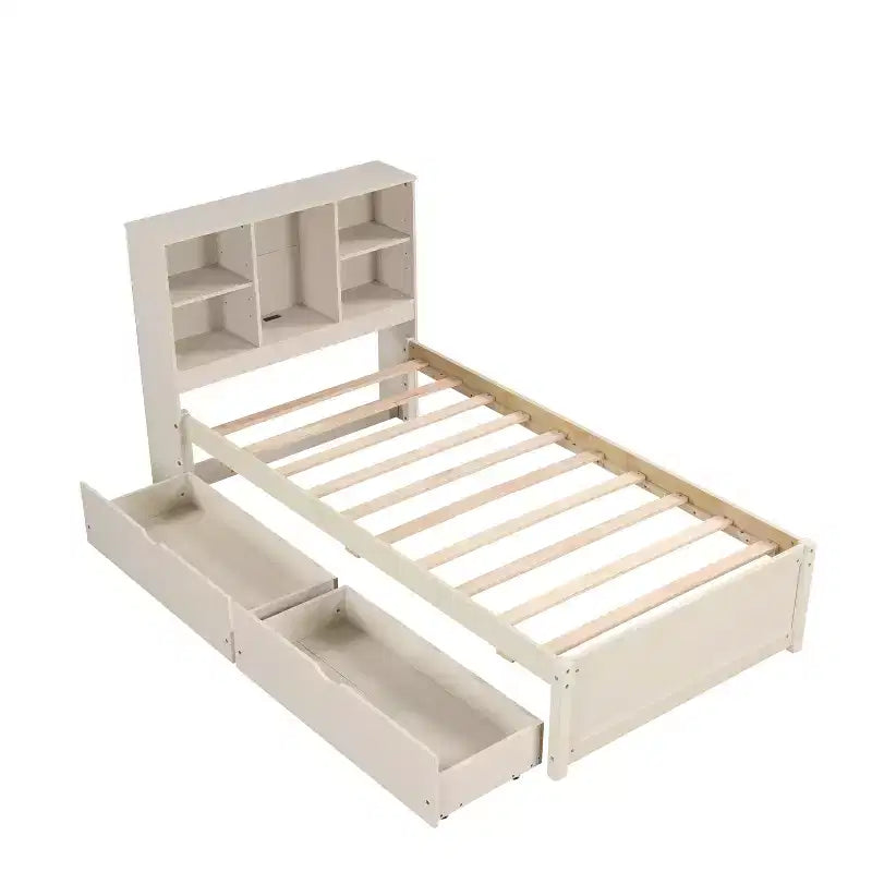 Estructura de cama matrimonial moderna de 87 pulgadas con cabecera de dos niveles estilo librero, puertos USB integrados y dos cajones. Acabado blanqueado