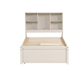 Estructura de cama matrimonial moderna de 87 pulgadas con cabecera de dos niveles estilo librero, puertos USB integrados y dos cajones. Acabado blanqueado