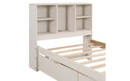 Estructura de cama matrimonial moderna de 87 pulgadas con cabecera de dos niveles estilo librero, puertos USB integrados y dos cajones. Acabado blanqueado