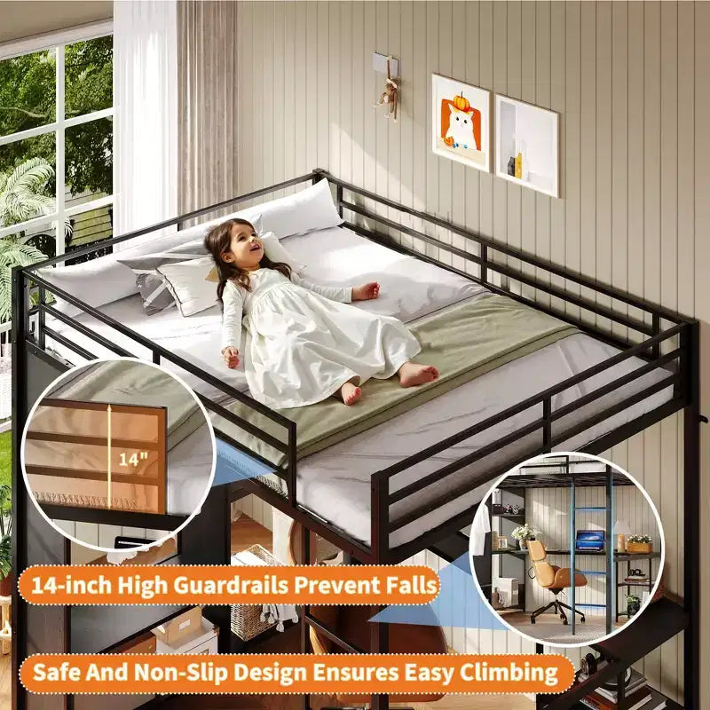 Cama alta Queen con escritorio integrado, estructura de metal con armario y estantes de almacenamiento, escalera, barandillas