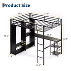 Cama alta Queen con escritorio integrado, estructura de metal con armario y estantes de almacenamiento, escalera, barandillas