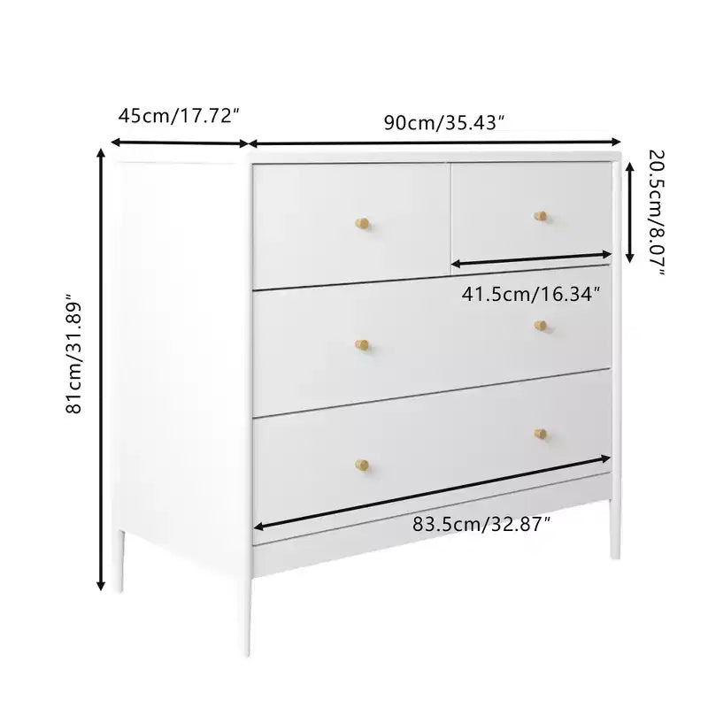 Cómoda de 4 cajones para niños, armario de almacenamiento de madera para cuarto de bebé o dormitorio, 89.9 cm de ancho, blanco