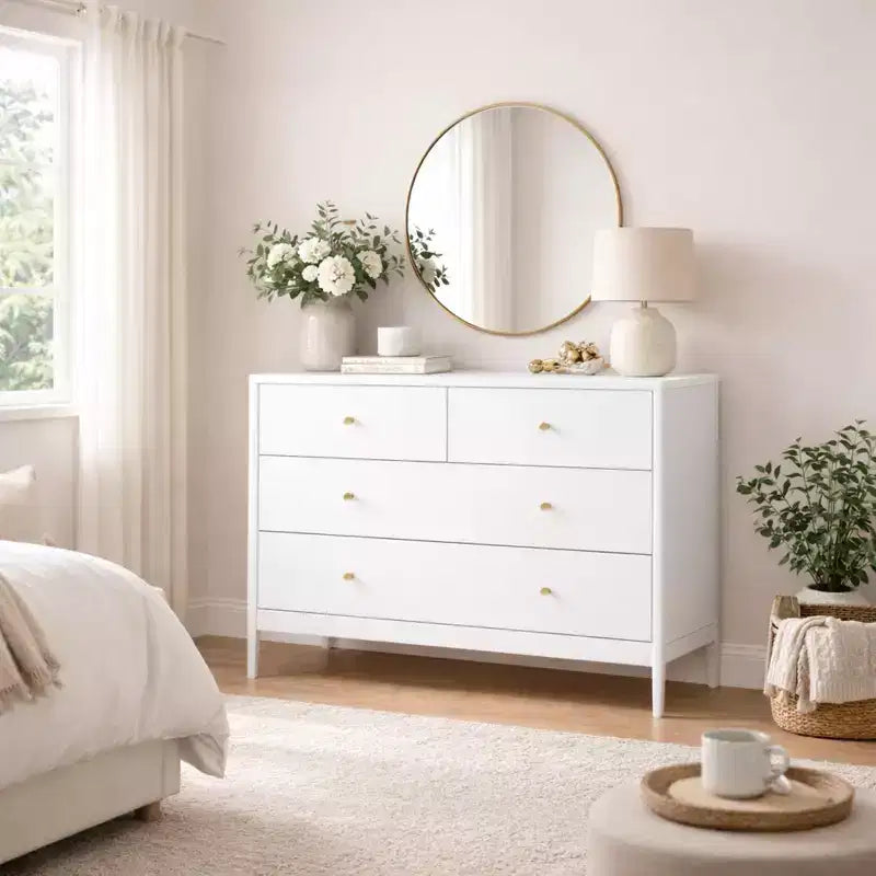 Cómoda de 4 cajones para niños, armario de almacenamiento de madera para cuarto de bebé o dormitorio, 89.9 cm de ancho, blanco