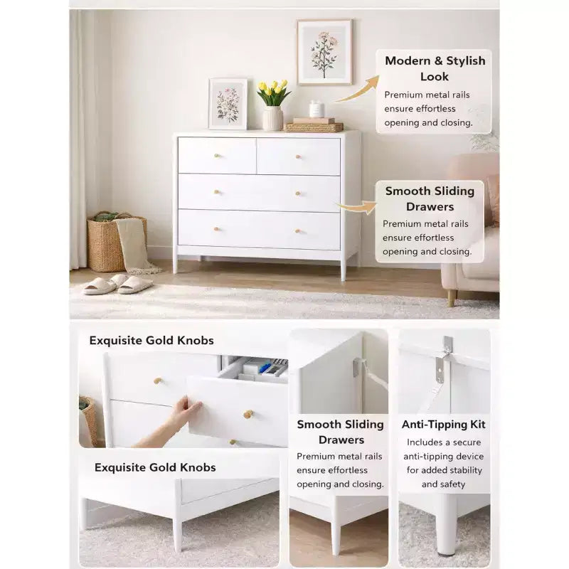 Cómoda de 4 cajones para niños, armario de almacenamiento de madera para cuarto de bebé o dormitorio, 89.9 cm de ancho, blanco