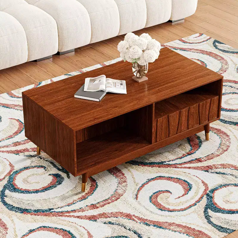Mesa de centro de nogal de 120 cm con almacenamiento y estante abierto, mesa de centro de madera moderna de mediados de siglo con detalles de metal dorado, para sala de estar