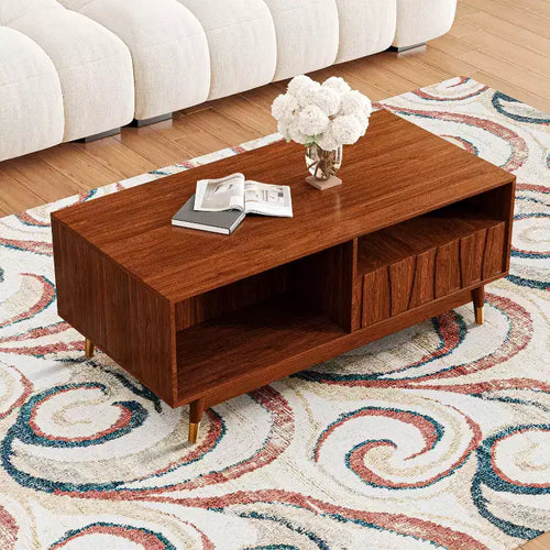 Mesa de centro de nogal de 120 cm con almacenamiento y estante abierto, mesa de centro de madera moderna de mediados de siglo con detalles de metal dorado, para sala de estar