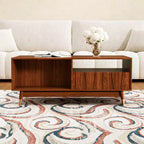 Mesa de centro de nogal de 120 cm con almacenamiento y estante abierto, mesa de centro de madera moderna de mediados de siglo con detalles de metal dorado, para sala de estar