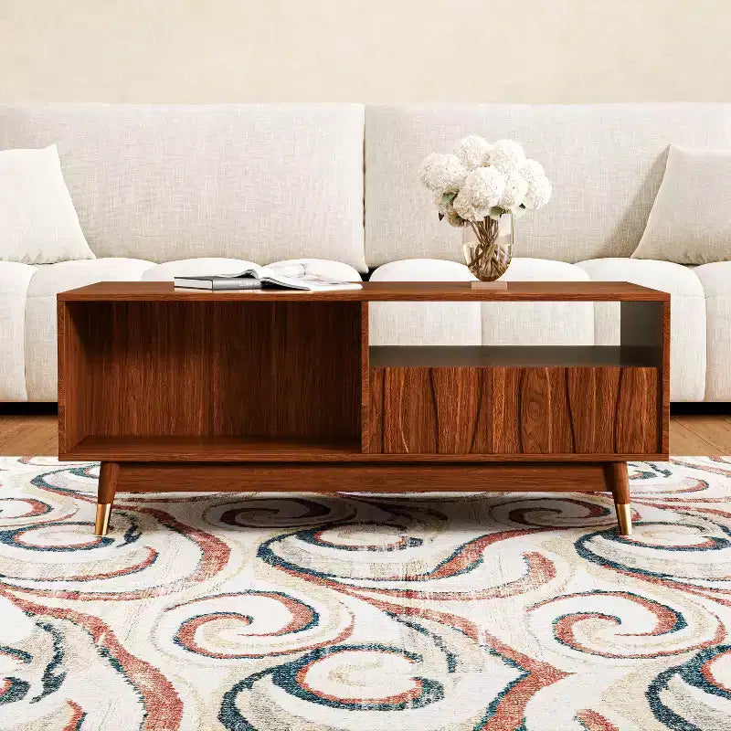 Mesa de centro de nogal de 120 cm con almacenamiento y estante abierto, mesa de centro de madera moderna de mediados de siglo con detalles de metal dorado, para sala de estar
