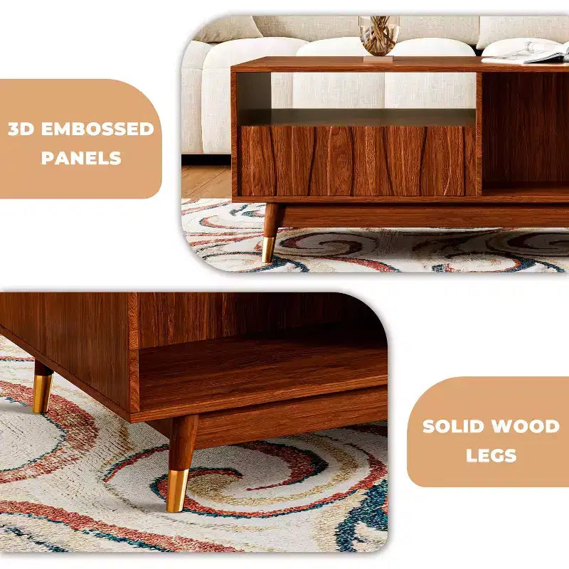 Mesa de centro de nogal de 120 cm con almacenamiento y estante abierto, mesa de centro de madera moderna de mediados de siglo con detalles de metal dorado, para sala de estar