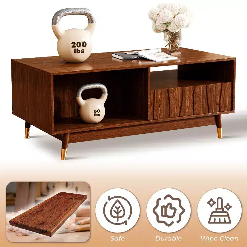 Mesa de centro de nogal de 120 cm con almacenamiento y estante abierto, mesa de centro de madera moderna de mediados de siglo con detalles de metal dorado, para sala de estar