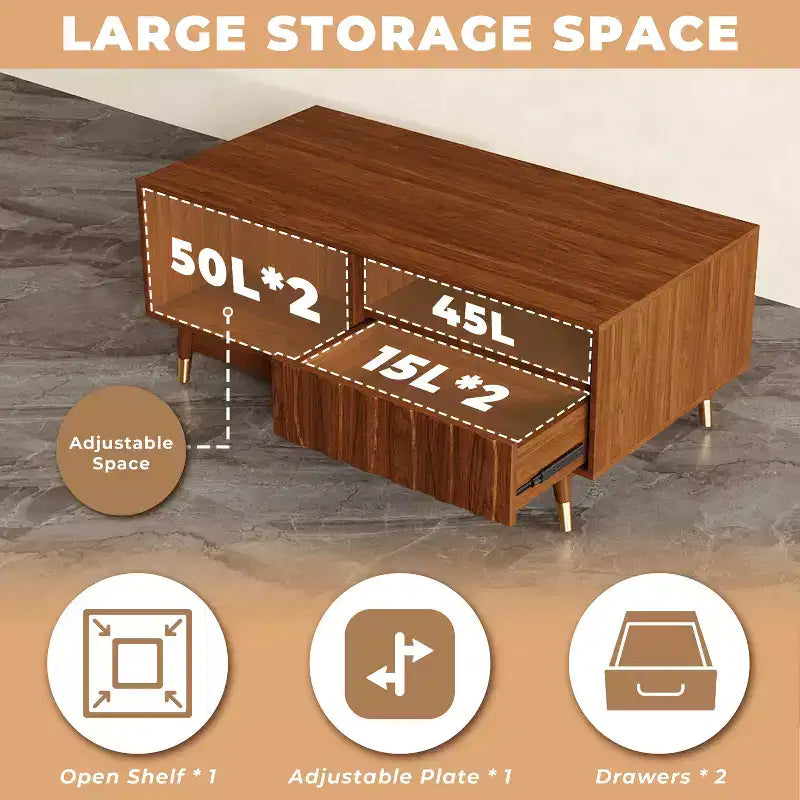 Mesa de centro de nogal de 120 cm con almacenamiento y estante abierto, mesa de centro de madera moderna de mediados de siglo con detalles de metal dorado, para sala de estar