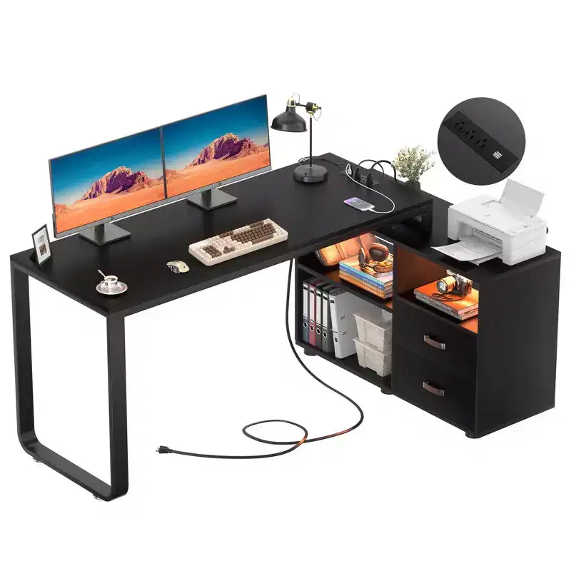 Escritorio para computadora en forma de L de 62" con cajón para archivos e iluminación LED