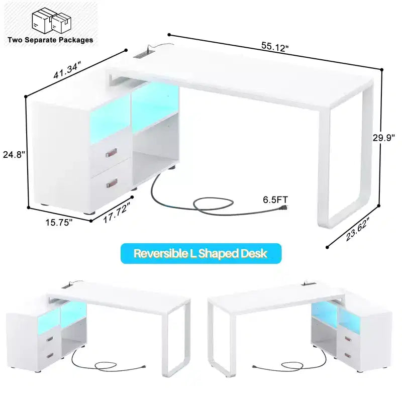Escritorio para computadora en forma de L de 62" con cajón para archivos e iluminación LED